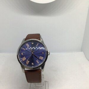 GUESS Men's Silver-Tone Watch Blue Sunburst Dial Brown Leather Band